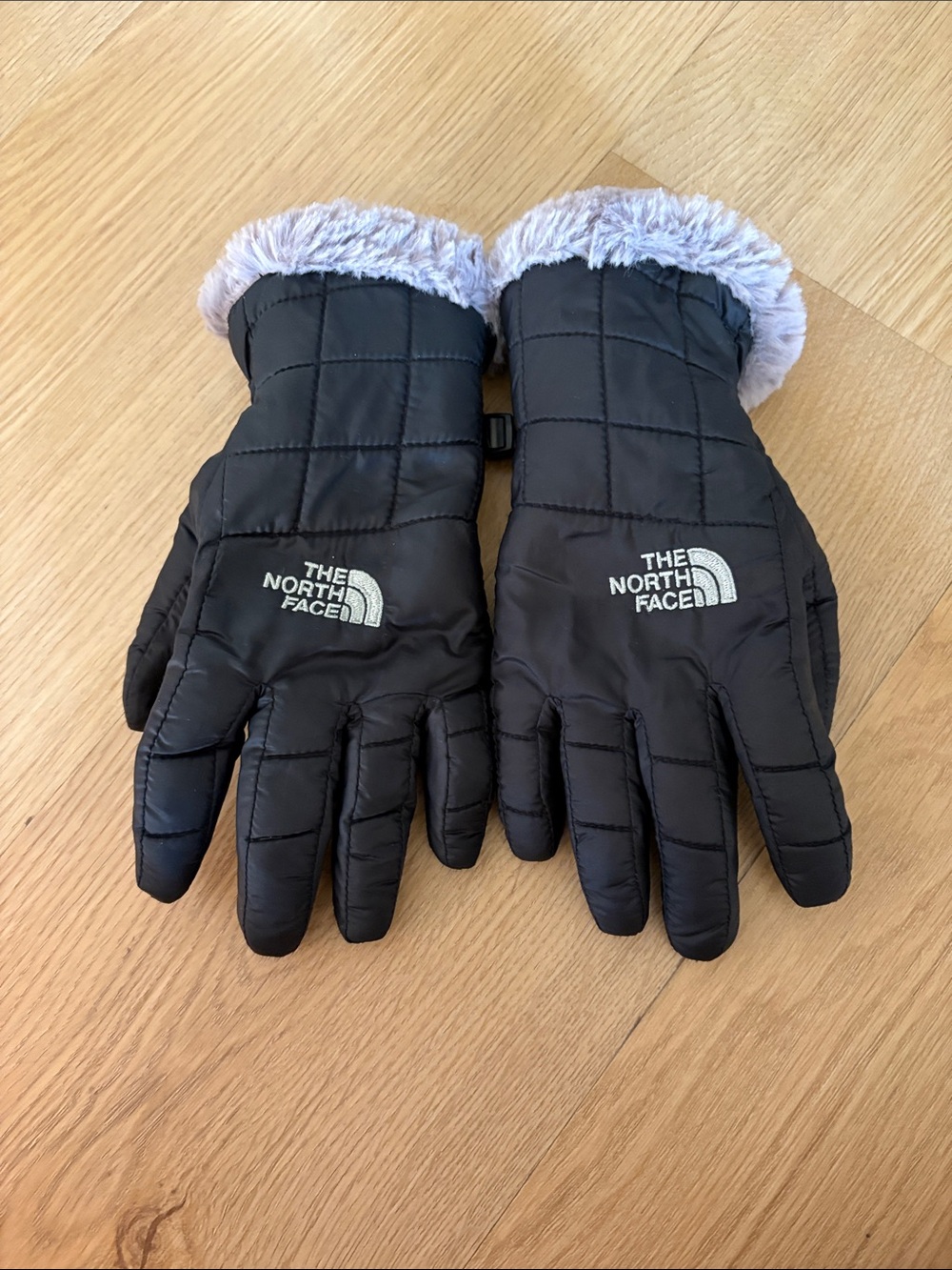 The North Face Black Quilted Kids Gloves with Gray Faux Fur Cuff